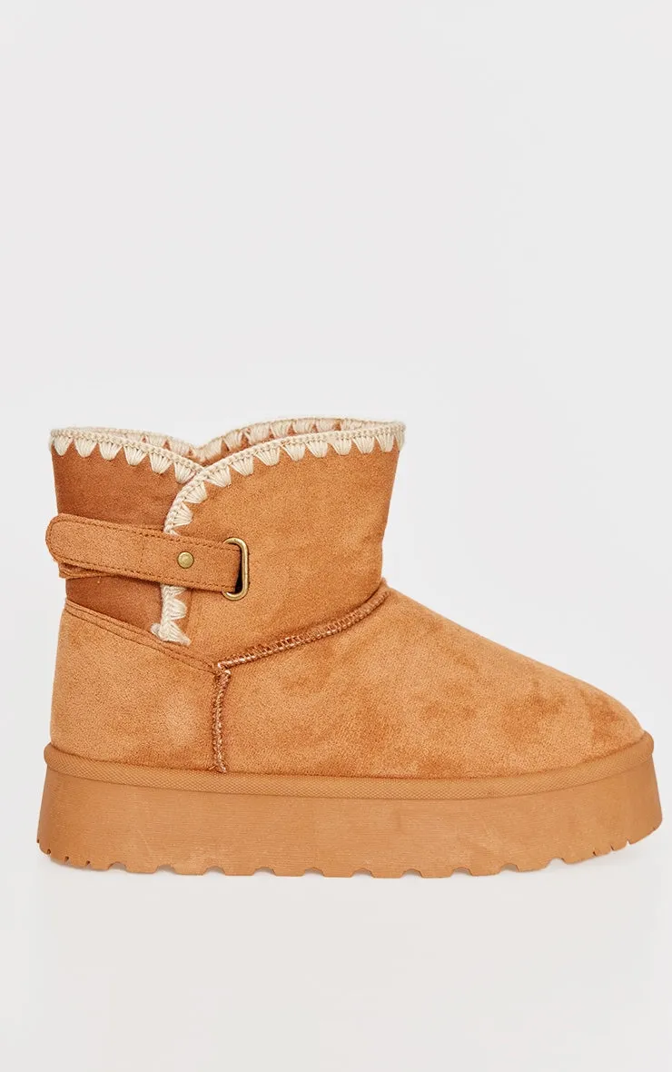 Chestnut Faux Suede Round Toe Stitched Borg Lined Ankle Boots