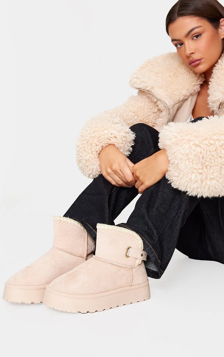 Chestnut Faux Suede Round Toe Stitched Borg Lined Ankle Boots