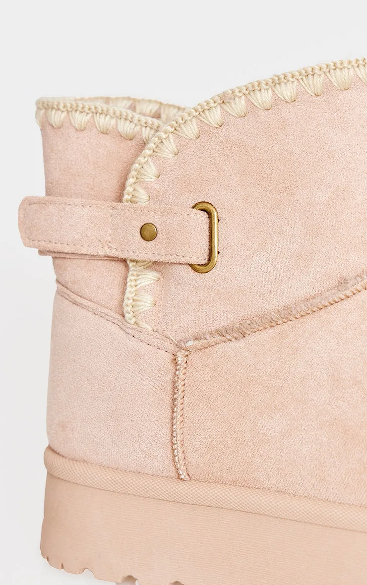 Chestnut Faux Suede Round Toe Stitched Borg Lined Ankle Boots