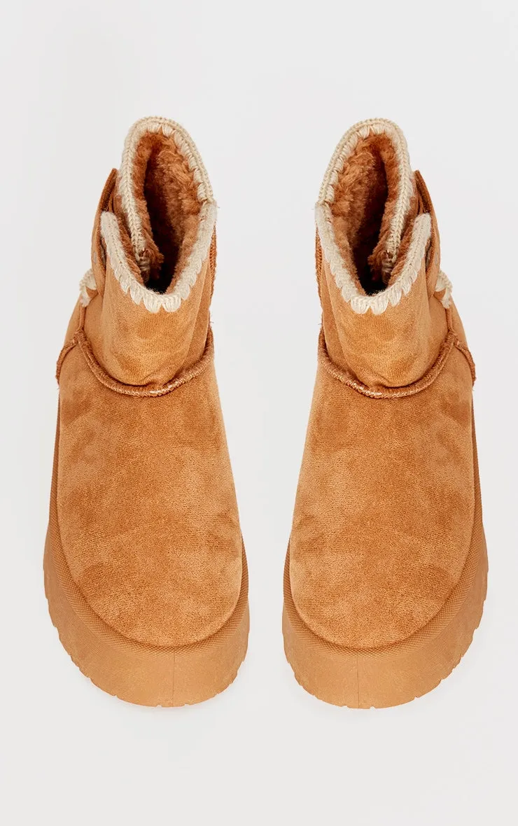 Chestnut Faux Suede Round Toe Stitched Borg Lined Ankle Boots