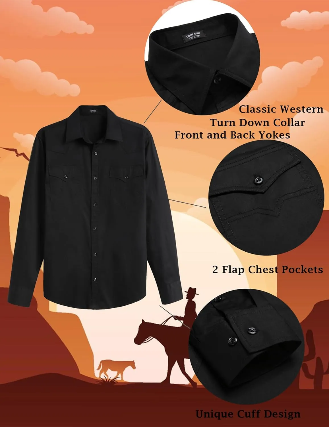 COOFANDY Men's Western Cowboy Shirts Long Sleeve Cotton Casual Button Down Work Shirt with Pockets