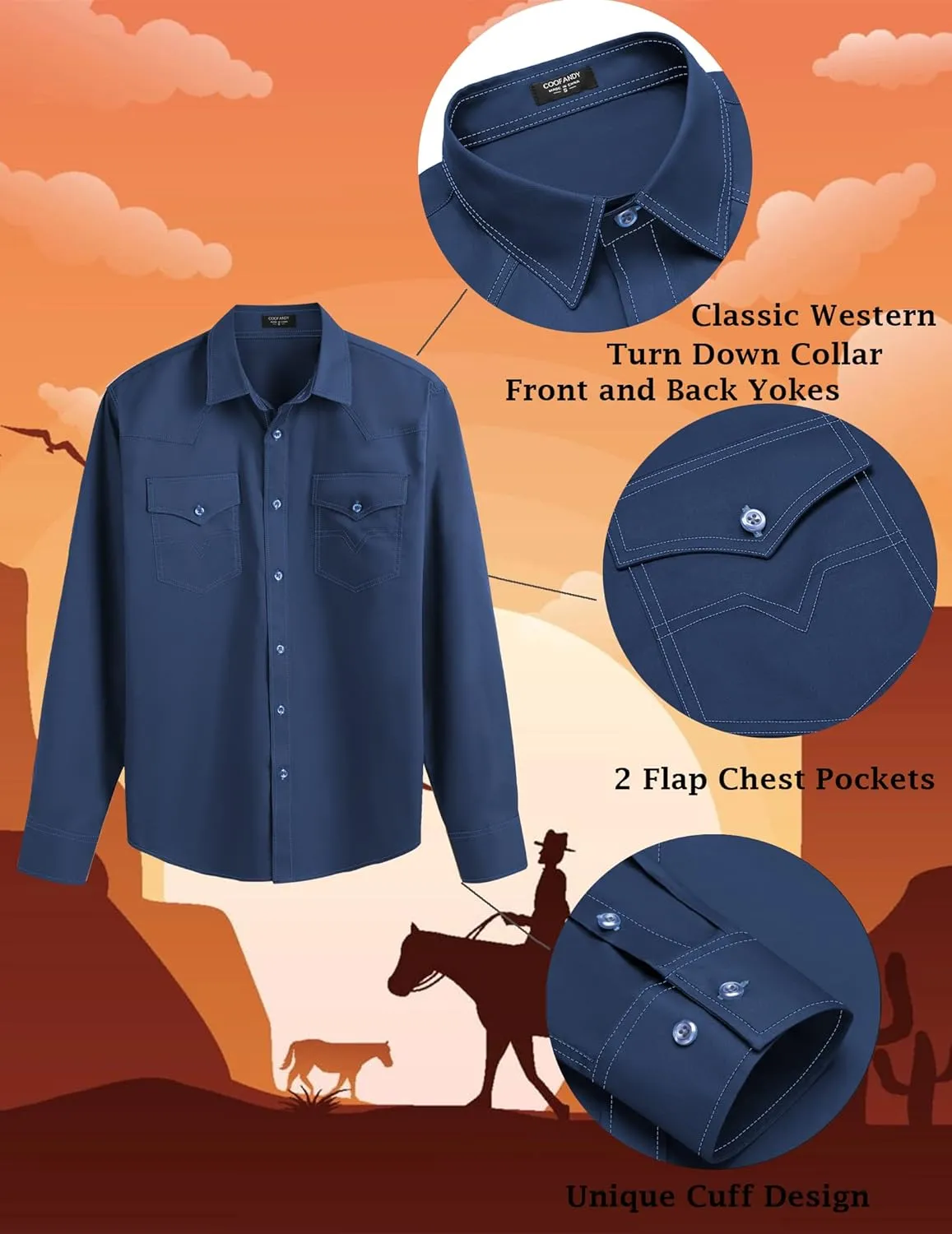 COOFANDY Men's Western Cowboy Shirts Long Sleeve Cotton Casual Button Down Work Shirt with Pockets