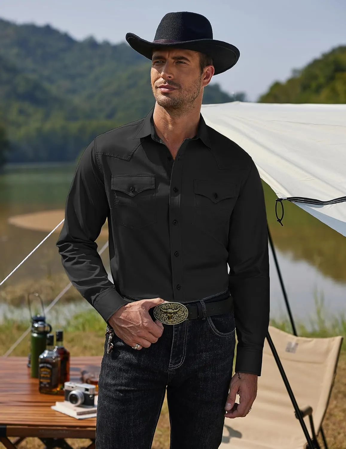 COOFANDY Men's Western Cowboy Shirts Long Sleeve Cotton Casual Button Down Work Shirt with Pockets