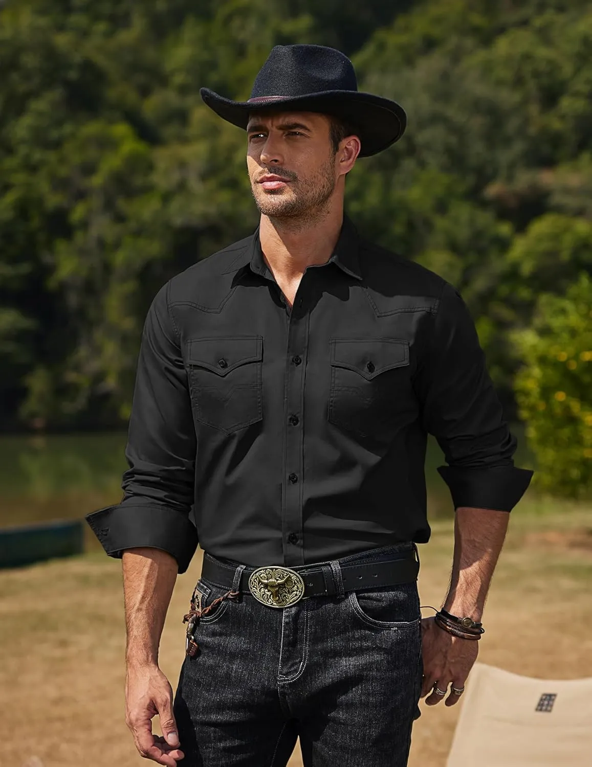 COOFANDY Men's Western Cowboy Shirts Long Sleeve Cotton Casual Button Down Work Shirt with Pockets