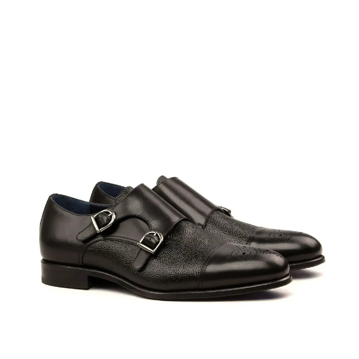 DapperFam Monaco in Black Men's Italian Leather & Italian Pebble Grain Leather Double Monk