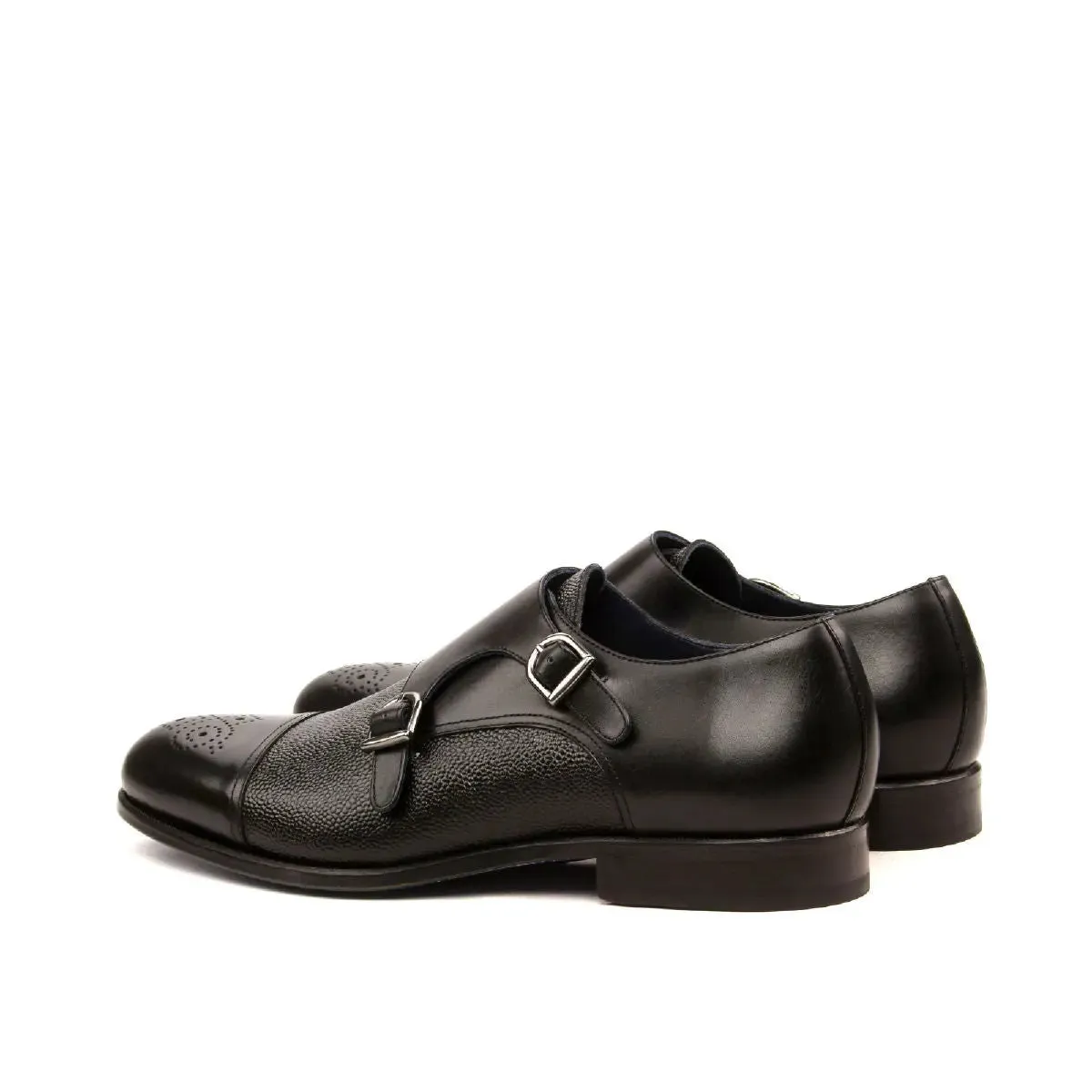 DapperFam Monaco in Black Men's Italian Leather & Italian Pebble Grain Leather Double Monk