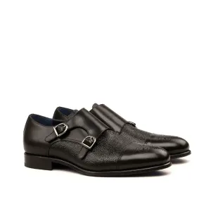 DapperFam Monaco in Black Men's Italian Leather & Italian Pebble Grain Leather Double Monk