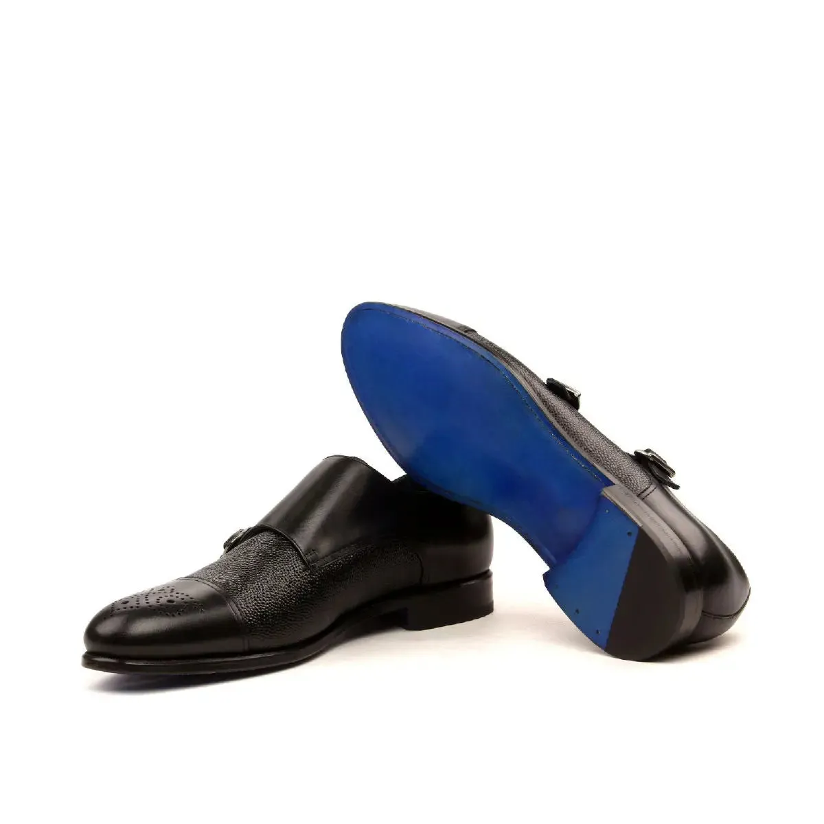 DapperFam Monaco in Black Men's Italian Leather & Italian Pebble Grain Leather Double Monk