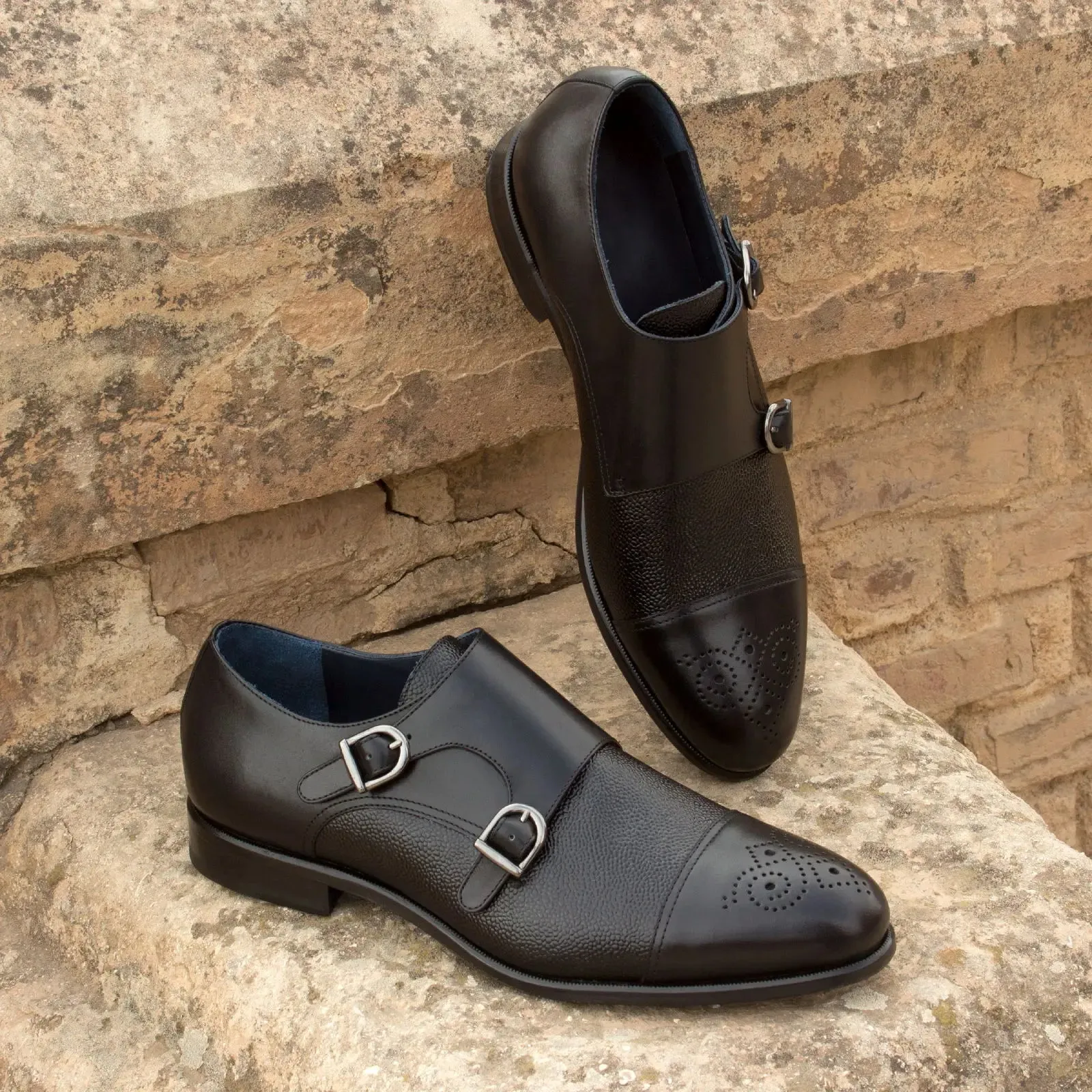 DapperFam Monaco in Black Men's Italian Leather & Italian Pebble Grain Leather Double Monk