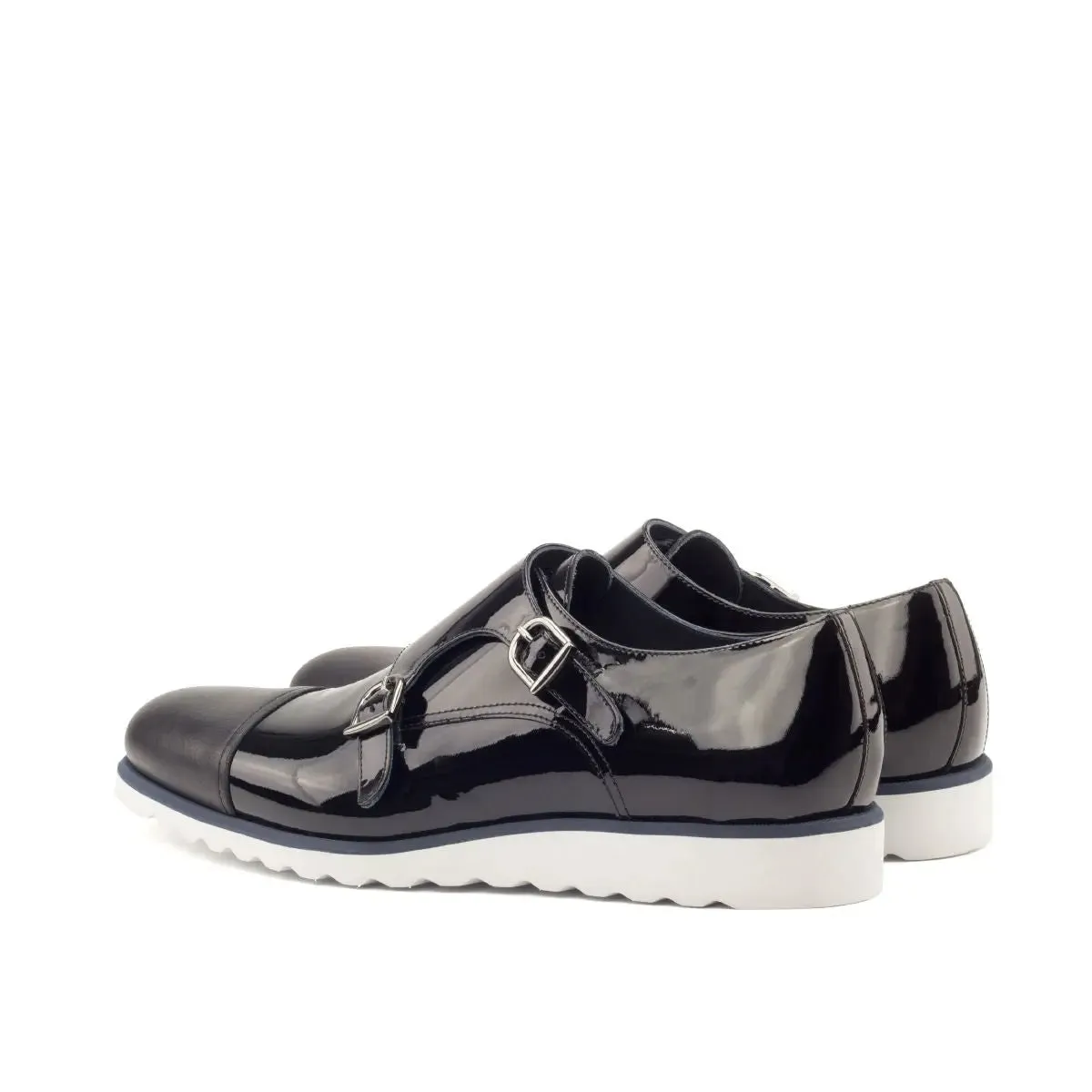 DapperFam Monaco in Black Men's Italian Patent Leather & Italian Full Grain Leather Double Monk