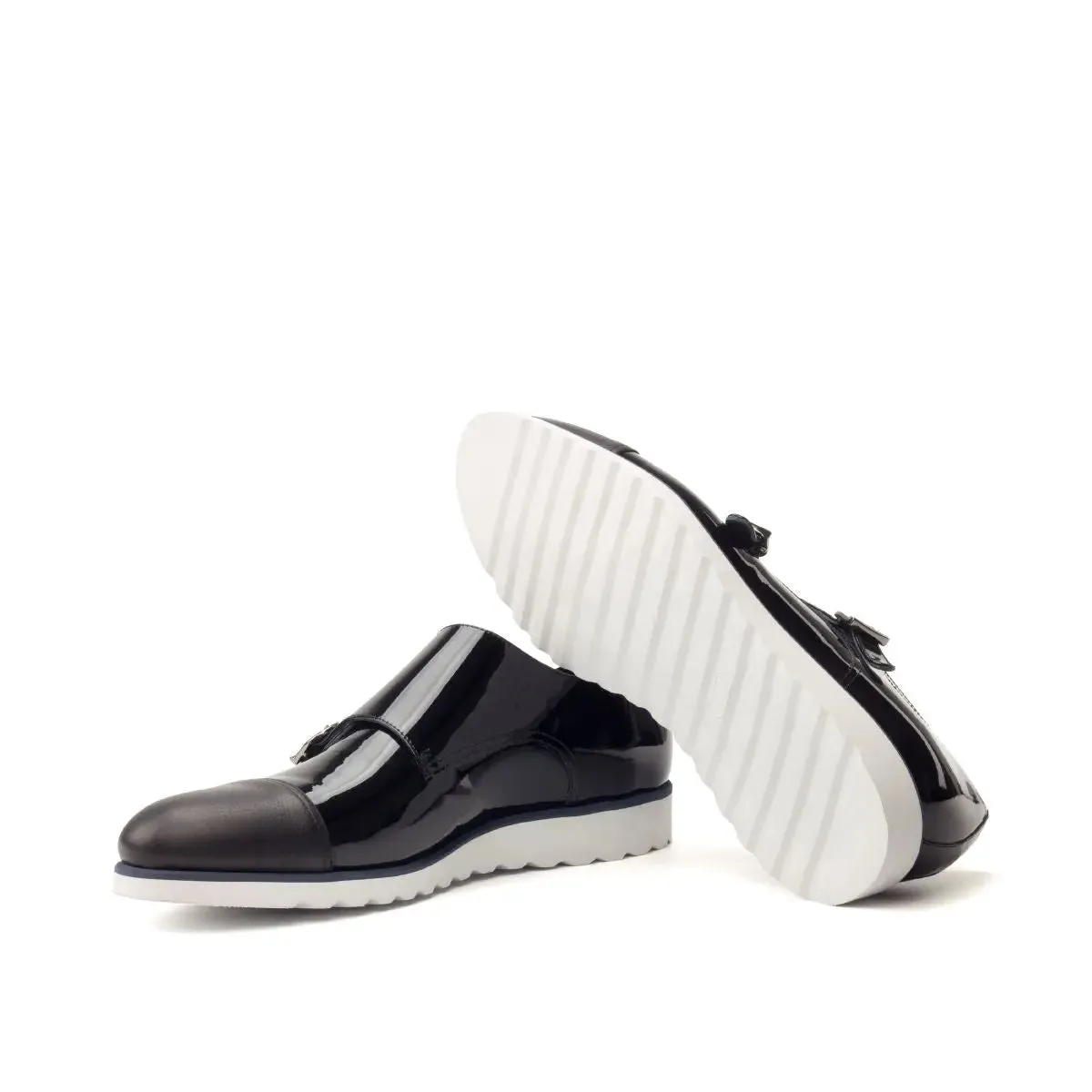 DapperFam Monaco in Black Men's Italian Patent Leather & Italian Full Grain Leather Double Monk