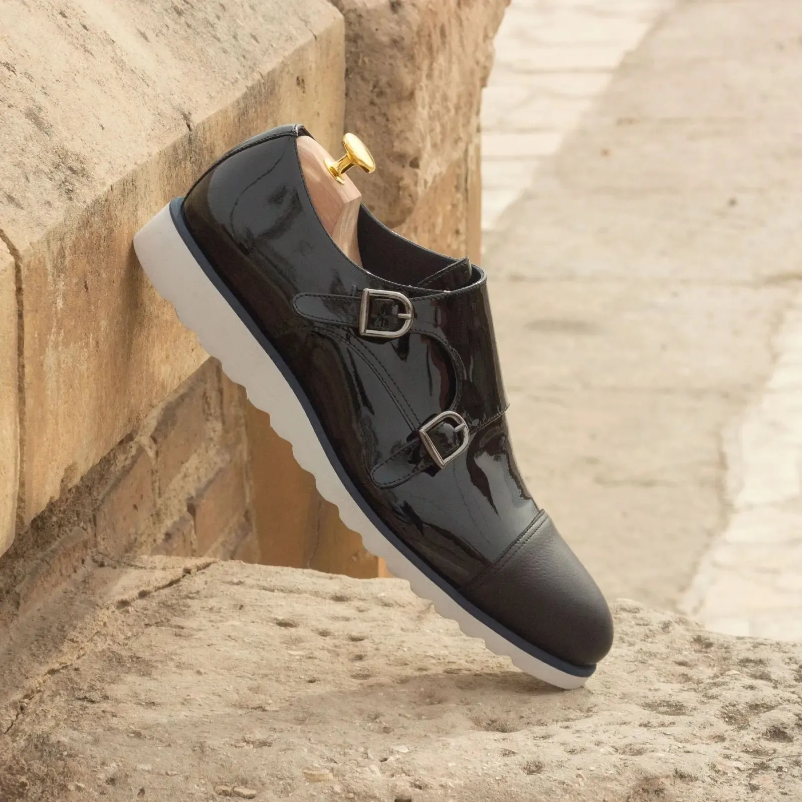 DapperFam Monaco in Black Men's Italian Patent Leather & Italian Full Grain Leather Double Monk