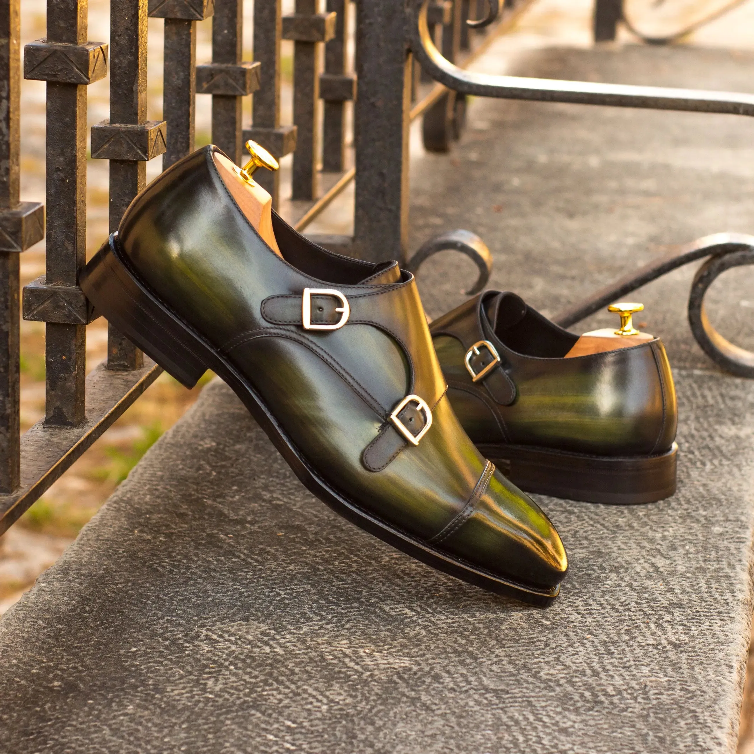 DapperFam Monaco in Khaki Men's Hand-Painted Patina Double Monk