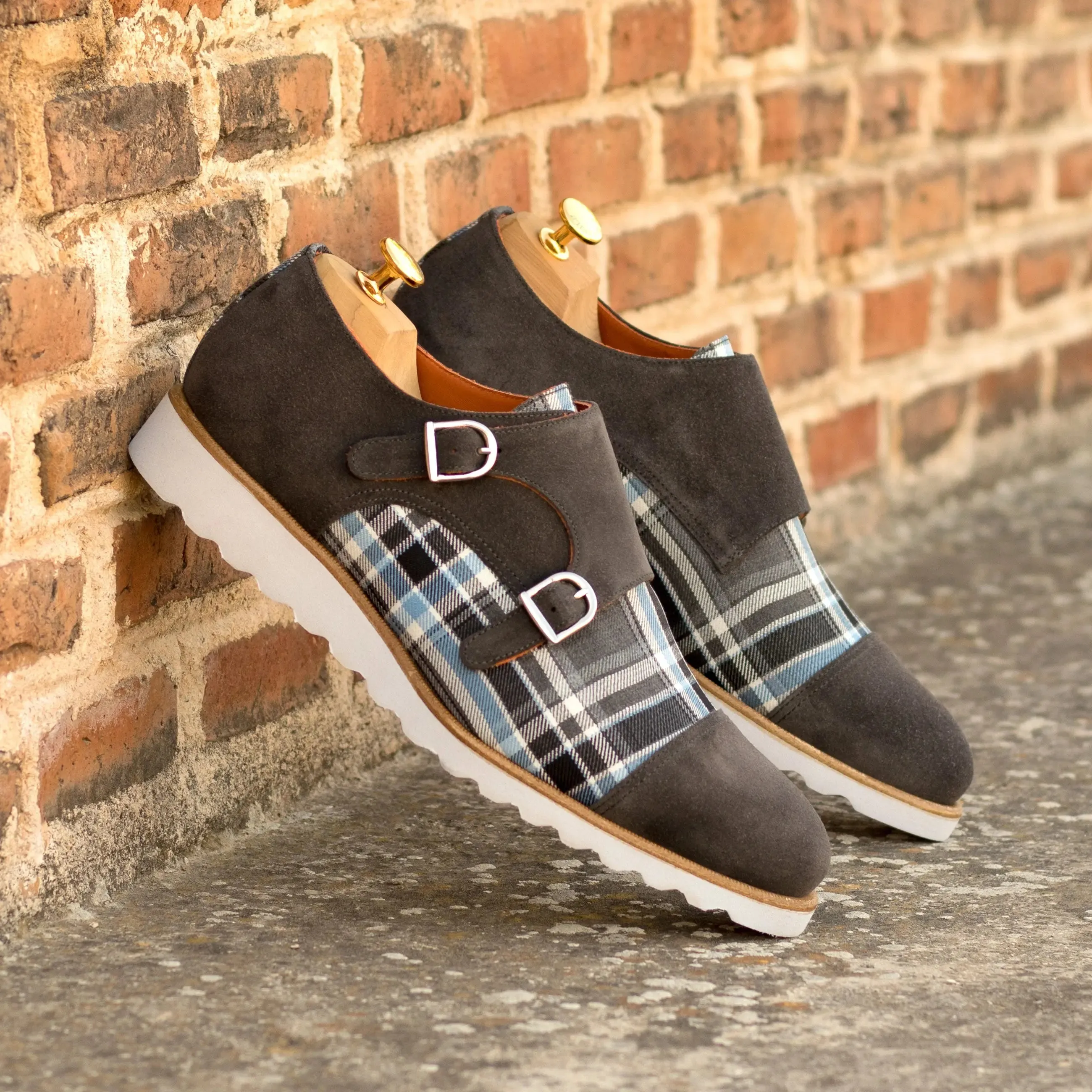 DapperFam Monaco in Plaid / Grey Men's Sartorial & Lux Suede Double Monk