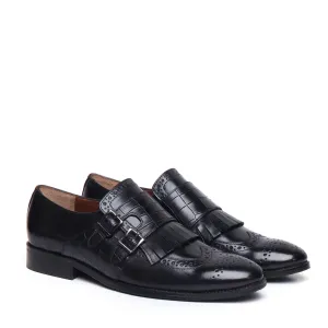 Double Monk Buckled Strap with Fringes in Black Croco Textured Leather