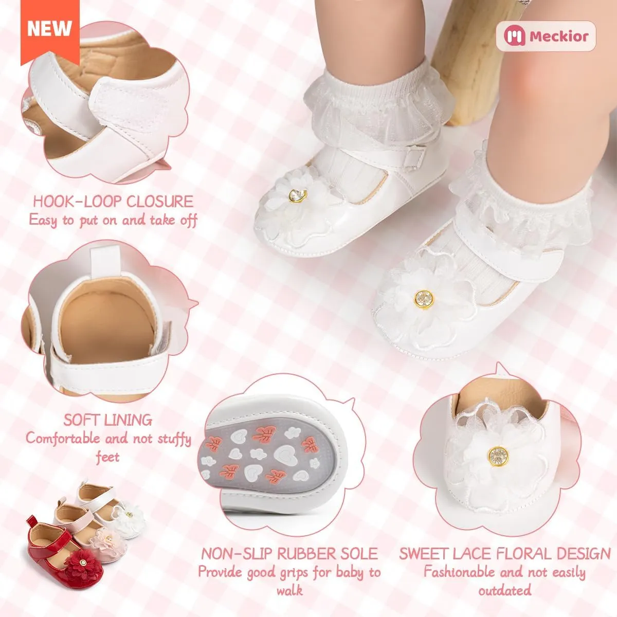 Meckior Infant Baby Girls Soft Sole Bowknot Princess Wedding Dress Mary Jane Flats Prewalker Newborn Light Baby Sneaker Shoes