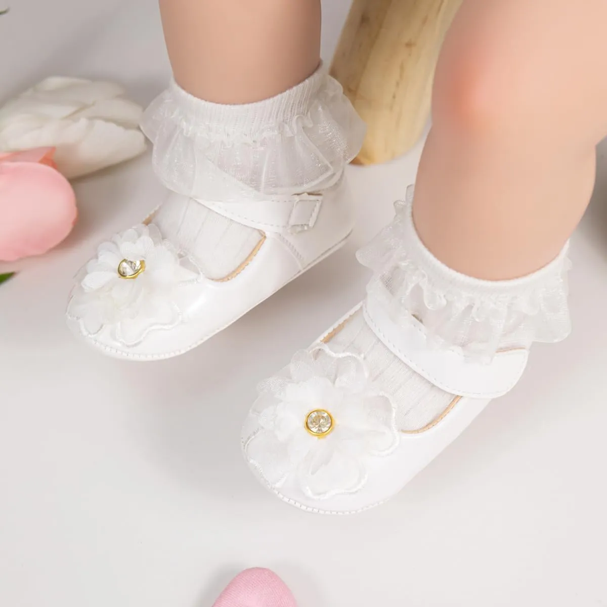 Meckior Infant Baby Girls Soft Sole Bowknot Princess Wedding Dress Mary Jane Flats Prewalker Newborn Light Baby Sneaker Shoes