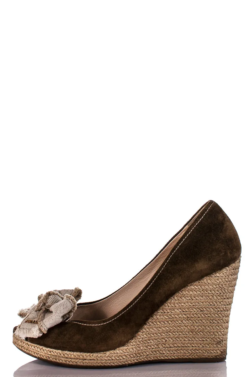 Prada Sport Brown Suede Peep Toe Espadrille Wedge Sandals Size US 8.5 | EU 38.5