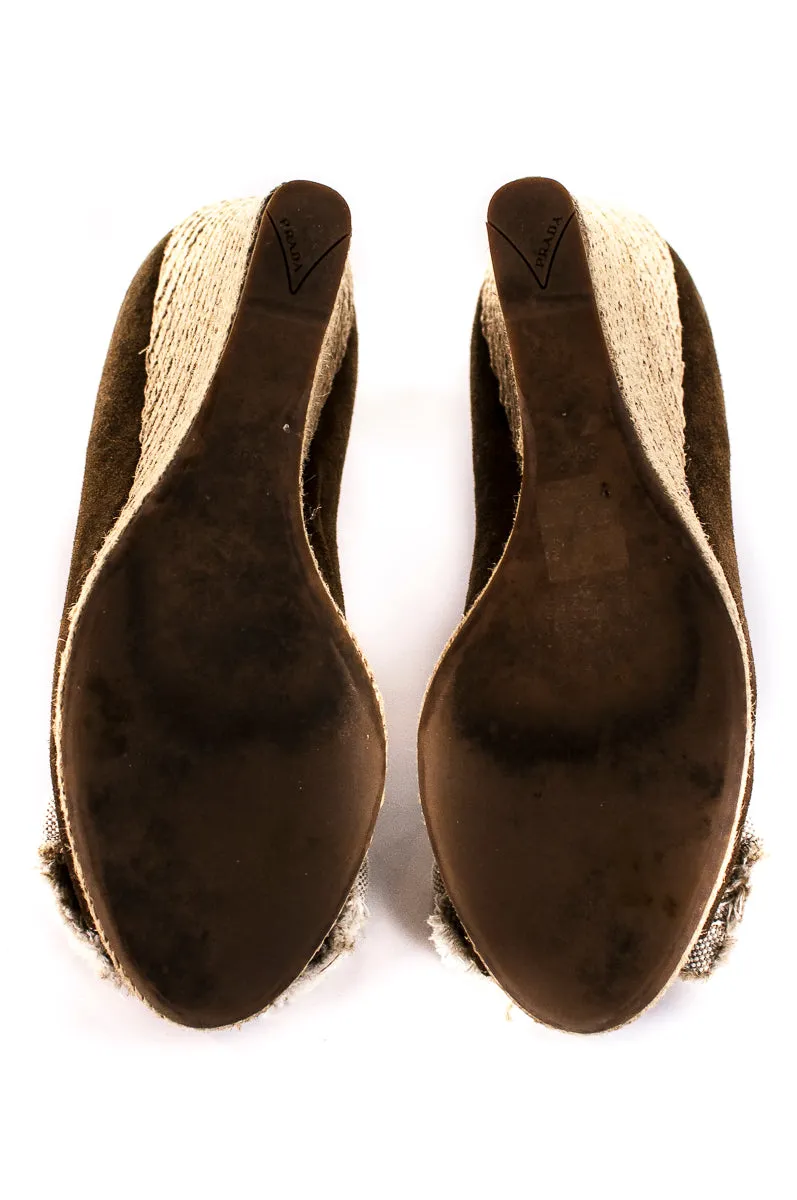 Prada Sport Brown Suede Peep Toe Espadrille Wedge Sandals Size US 8.5 | EU 38.5