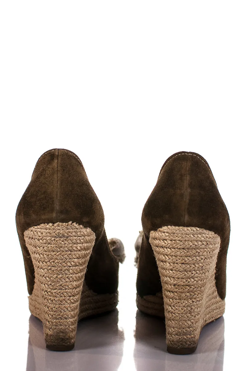 Prada Sport Brown Suede Peep Toe Espadrille Wedge Sandals Size US 8.5 | EU 38.5