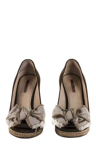 Prada Sport Brown Suede Peep Toe Espadrille Wedge Sandals Size US 8.5 | EU 38.5