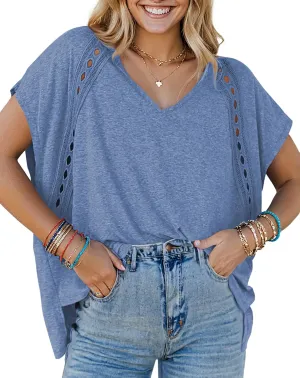 UEU Womens Summer Short Dolman Sleeves V Neck Casual Oversized Tops T Shirts Trendy Loose Lace Flowy Blouses Tee Tshirts