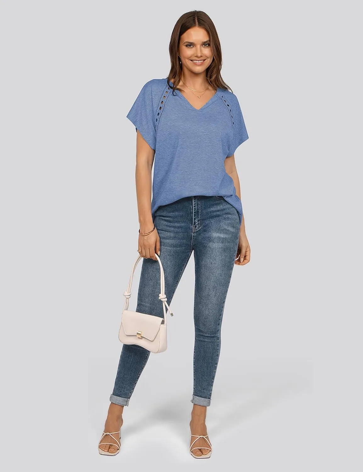 UEU Womens Summer Short Dolman Sleeves V Neck Casual Oversized Tops T Shirts Trendy Loose Lace Flowy Blouses Tee Tshirts