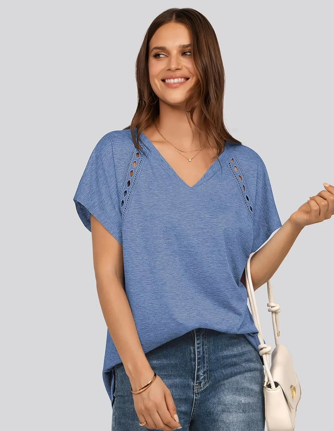 UEU Womens Summer Short Dolman Sleeves V Neck Casual Oversized Tops T Shirts Trendy Loose Lace Flowy Blouses Tee Tshirts