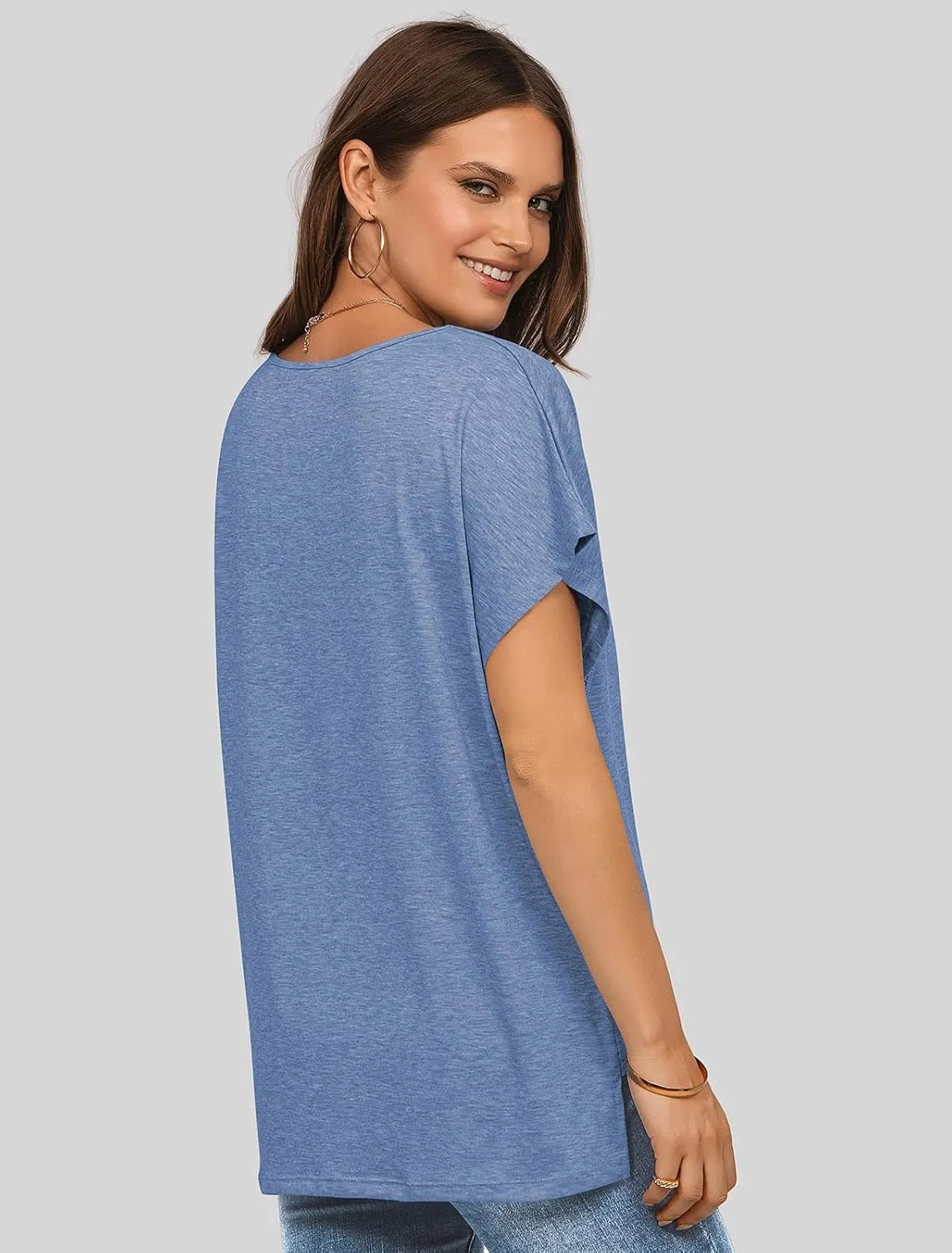 UEU Womens Summer Short Dolman Sleeves V Neck Casual Oversized Tops T Shirts Trendy Loose Lace Flowy Blouses Tee Tshirts